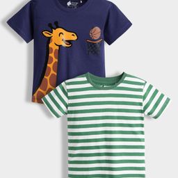 Orange Sugar 100% Cotton Knit Pack Of 2 Half Sleeves Giraffe Printed & Striped Tees - Navy Blue & Green-picture-5
