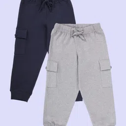 Kiddopanti Pack Of 2 Cotton Fleece Knit Solid Cargo Pocket Detailed Track Pants - Navy Blue & Grey Melange-picture-8
