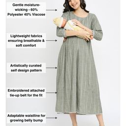 Dummy Shape Three Fourth Sleeves Striped Maternity Flared Kurta With Nursing Access & Abstract Embroidered Attached Belt - Green image 3