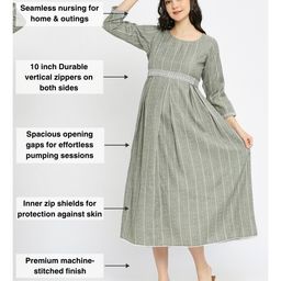 Dummy Shape Three Fourth Sleeves Striped Maternity Flared Kurta With Nursing Access & Abstract Embroidered Attached Belt - Green image 4