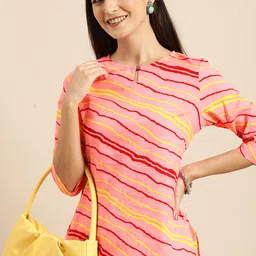 Anouk Women Pink & Yellow Striped Keyhole Neck Pure Cotton Straight Kurta-picture-4