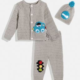 CHUTPUT Kids Grey Solid Applique Cardigan with Pyjamas-98