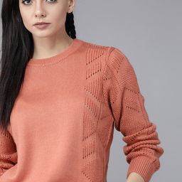 Roadster Women Coral Orange Solid Pullover Sweater-27
