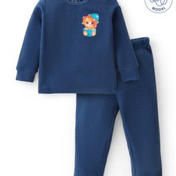 Babyoye Cotton Modal Blend Full Sleeves Solid Dyed Rhino Print Thermal Vest With Pant Set -Navy Blue-image-39