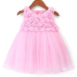 Babyhug Woven Sleeveless Yoke Party Dress with Floral Corsage - Pink-image-39