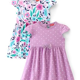 Babyhug Cotton Knit Cap Sleeves Floral Printed Frocks with Bow Applique Pack of 2 - Multicolour-image-58
