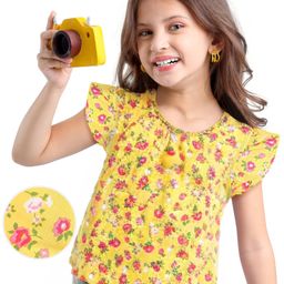 Babyhug Rayon Half Sleeves Woven Top with Frill Detailing & Floral Printed - Mustard Yellow-image-106