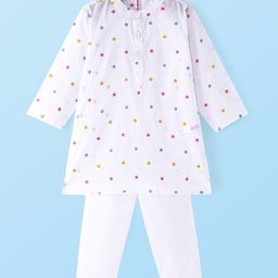 Babyhug 100% Cotton Woven Embroidered Full Sleeves Kurta Pyjama Set Solid Colour - White-image-5