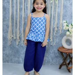 BownBee Pure Cotton Sleeveless Animal Printed Top & Harem Pant Set -  Blue-image-3