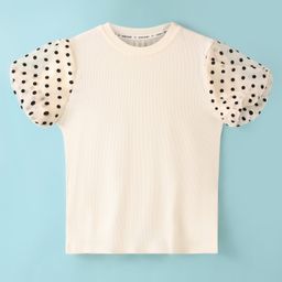 Kookie Kids Half Puffed Sleeves Polka Dots Printed Ribbed Top - Peach-image-92