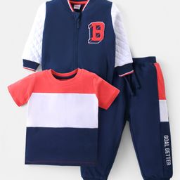 Babyhug Cotton Knit Full Sleeves Front Zipper Bomber Jacket With Color Block T-Shirt & Lounge Pants - Navy Red & White-image-8