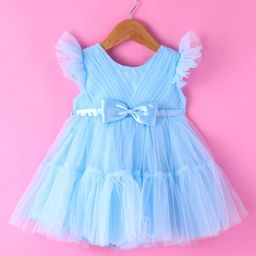 Babyhug Woven Sleeveless Fit and Flare Party Frock with Bow Applique & Frill Detailing - Light Blue-image-71