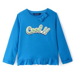 Pine Kids Cotton Knit Full Sleeves Top with Text Print Bow & Frill Detailing - Blue-image-37