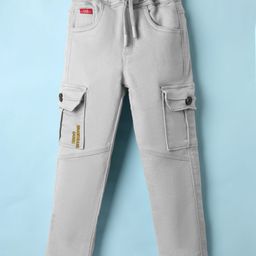 Olio Kids Cotton Woven Full Length Trouser With Text Embroidery & Cargo Pockets - Grey-image-26