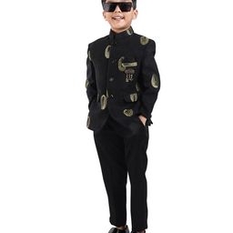 Earth Conscious Full Sleeves Abstract Foil Printed Jodhpuri Blazer & Pant Set - Black-image-90