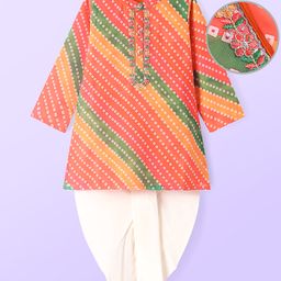 Babhug Woven Full Sleeves Bandhani Printed Dhoti Kurta Set with Floral Embroidery - Red & Orange-image-85