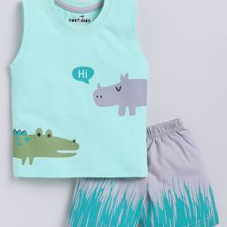 CUTOPIES Cotton Sleeveless Animals Printed Tee & Shorts Set - Aqua Blue-image-15