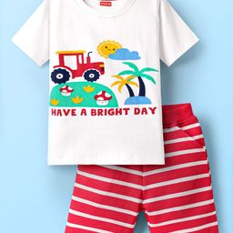 Babyhug Single Jersey Knit Half Sleeves Printed T-Shirt & Striped Shorts Set - White & Red-image-8