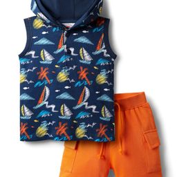 Babyhug Single Jersey Knit Sleeveless Hooded T-Shirt & Shorts Set With Boat Print - Navy Blue & Orange-image-72
