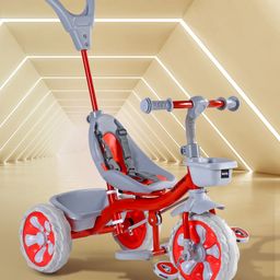 Tricycle with Parental Push Handle, Non Slip Pedals, Easy Grip Handles, Safety harness, Foldable Footrest & Storage Basket - Orange-22