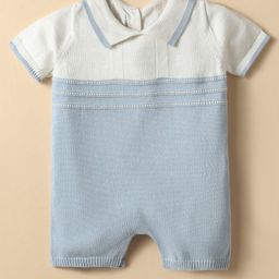 ToffyHouse Cotton Knit Half Sleeves Romper With Color Block Design - Light Blue & White-image-48