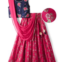 EARTHY TOUCH Chanderi Woven Sleeveless Lehenga Choli & Dupatta Set With Floral Embroidery & Tassel Detailing - Pink-image-68