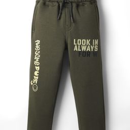 Olio Kids Knit Full Length Fleece & Woollen Lounge Pant With Text Print - Olive Green-image-62