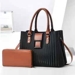 SYGA Pack of 2 Women's Handbag and Clutch Set, Shoulder Bag with Matching Wallet | Macaron-Inspired Stylish Daily Tote (Black)-picture-33