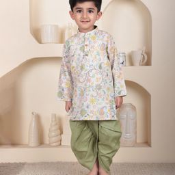 Polka Tots Cotton Woven Full Sleeves Floral Printed Kurta With Dhoti Set - Olive Green-image-45