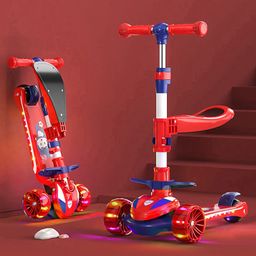 fab n funky Kicknroll 2 in 1 Kids Kick Scooter With Foldable Seat Music And Adjustable Height With Widened Non-Slip LED Deck And Wheel With Footrest - Red image 2