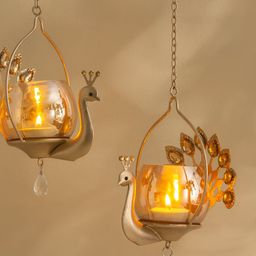 Home Centre Tamaira Purl Gold-Toned 2 Pieces Peacock Metal Hanging Votive Candle Holders-image-7