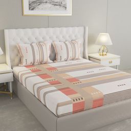 Raymond Home Peach & Beige Printed 140 TC Cotton Queen Bedsheet Set 2.29 m x 2.54 m-picture-2