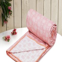 Myntra Elegant Homes Peach-Coloured & White Floral AC Room 150 GSM Double Bed Dohar-image-53
