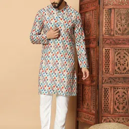 FoxDX Men Geometric Printed Flared Sleeves Thread Work Kurta-picture-5