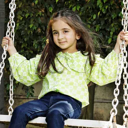 Mi Arcus 100% Cotton Full Puffed Sleeves Squares & Floral Printed Frill Detailed Top - Green-picture-31