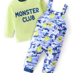 Babyhug 100% Coton Monster Print Dungaree With Front Pocket & Full Sleeves Inner Tee With Shoulder Snap Buttons - Light Green-image-43