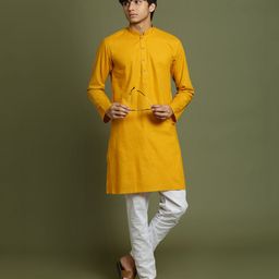 Vastramay Cotton Blend Full Sleeves Solid Kurta With Pyjama Set - Mustard Yellow & White-picture-6