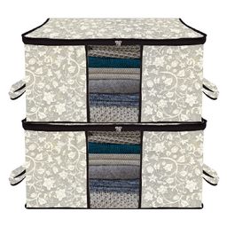 Kuber Industries Underbed Storage Bag   Clothes Storage Organizer  Blanket Cover with Clear Window  Zipper Closure & Handle Cloth Organizer  Flower-Design  Large  Pack of 2  Black-14