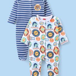 Babyhug Cotton Knit Full Sleeves Striped Sleepsuit With Animal Print Pack Of 2 - Multicolor-image-43