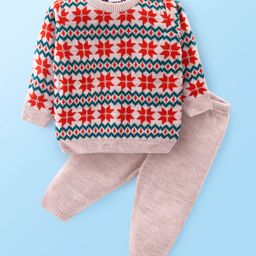 Babyhug Knitted Full Sleeves Sweater Set With Floral Design - Green & Grey-image-106