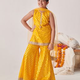 Pspeaches Cotton Rayon Sleeveless Floral Foil Printed  Kurta With Sharara & Dupatta - Yellow-image-47