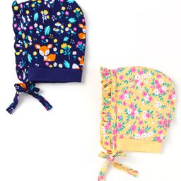 Babyhug 100% Cotton Knit Floral & Fox Printed Caps with Knit Pack of 2  - Navy Blue & Yellow-image-25