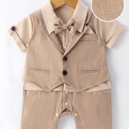Mark & Mia Half Sleeves Solid Colour Party Romper with Attached Waist Coat & Bow - Tan-image-30