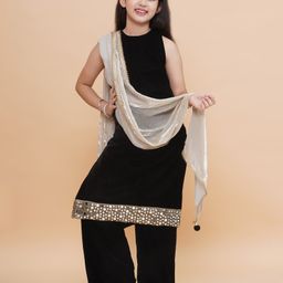 Piccolo Sleeveless Mirror Work Detailed Kurta & Pant With Lace Embellished Dupatta Set - Black-image-10
