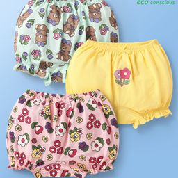Babyoye Cotton Elastane Knit Bloomers With Bear & Floral Print Pack Of 3 - Pink Yellow & Light Blue-image-87