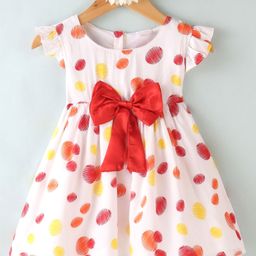 Kookie Kids Woven Frill Sleeves Frocks with Polka Dot Print & Bow Applique - White-image-62