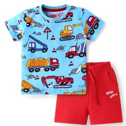 Babyhug Single Jersey Knit Half Sleeves T-Shirt & Shorts Set with Vehicle Print - Red & Blue-image-105