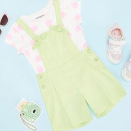 Pantaloons Junior Cotton Solid Dungaree With Half Sleeves Floral Printed Tee - Paradise Green-image-22