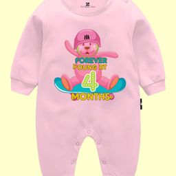 The Peppy Tend Monthly Birthday Theme 100% Cotton Full Sleeves Forever Young At Four Months Text Printed Romper - Pink-picture-8