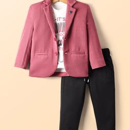 Rikidoos Full Sleeves Ribbed Blazer With Typography Printed Tee & Pant Set - Dusty Pink & Black-picture-10